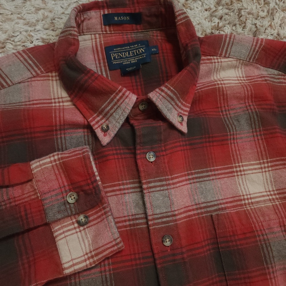 Pendleton Mason Button Down Shirt Men XL Red Plaid Flannel Cotton Long Sleeve‎